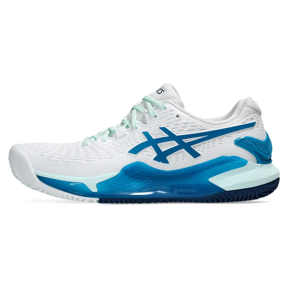 Womens Gel-Resolution 9 Clay Tennis Shoes White and Teal Blue