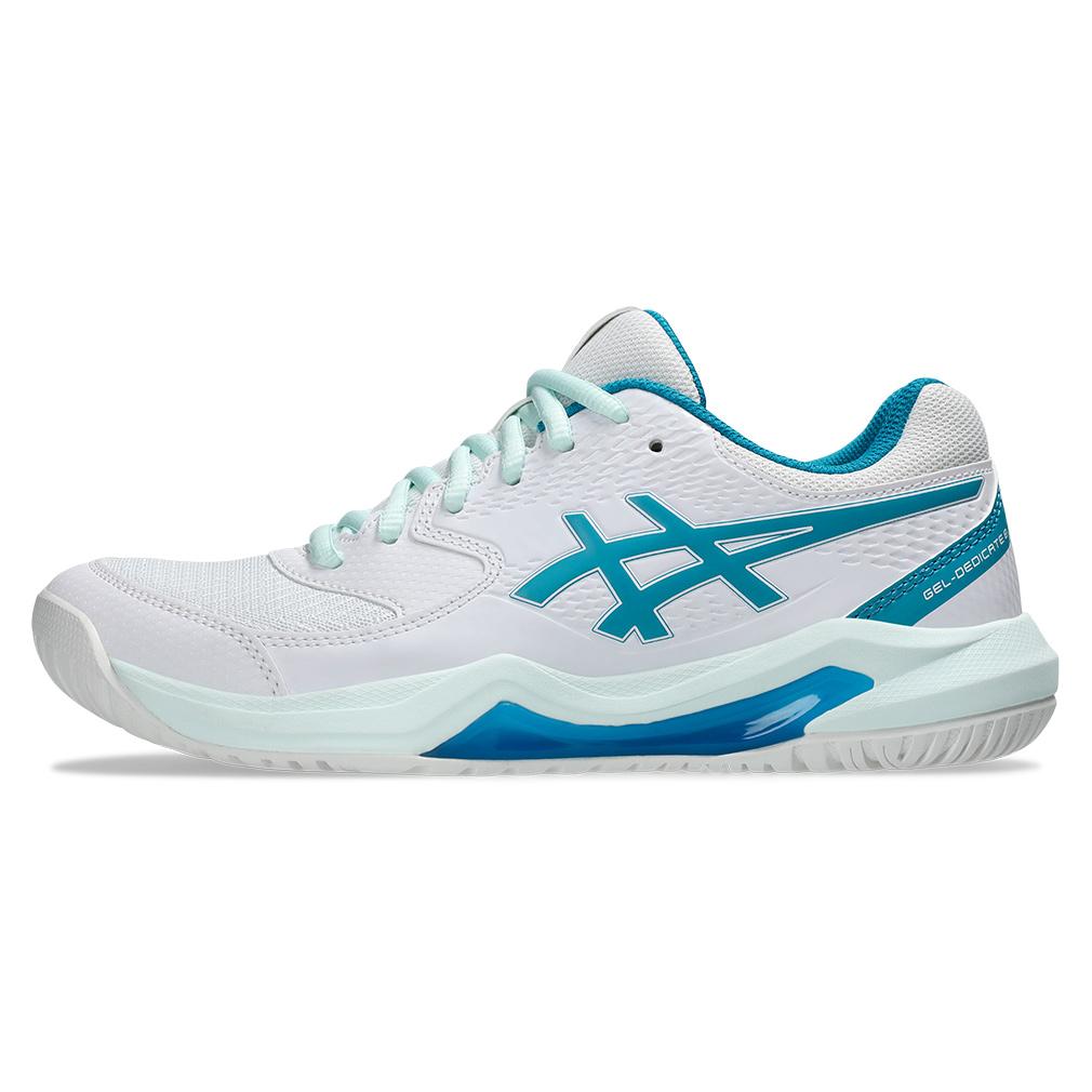 Womens Gel-Dedicate 8 Wide Tennis Shoes White and Teal Blue