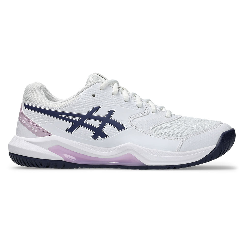 Women`s GEL-Dedicate 8 Wide Tennis Shoes White and Indigo Fog