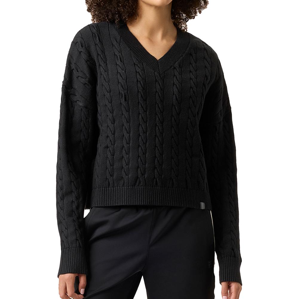 Womens Doubles Rally Chunky V-Neck Tennis Sweater Black